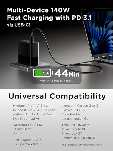 Lenovo 140W GaN negro – Cargador USB-C de 3 puertos con cable – vista 6