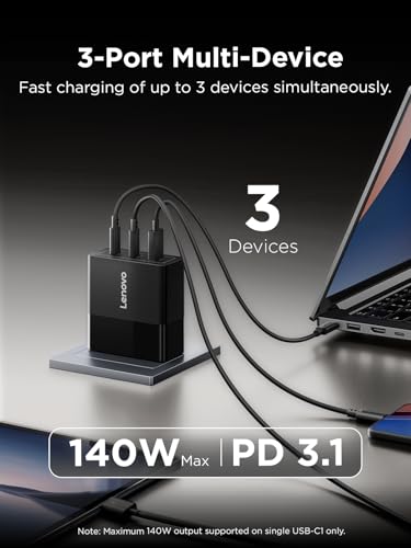 Lenovo 140W GaN negro – Cargador USB-C de 3 puertos con cable – vista 3