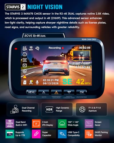 ROVE R2‑4K Dual – Dash cam frontal y trasera con tarjeta 128 GB – vista 5