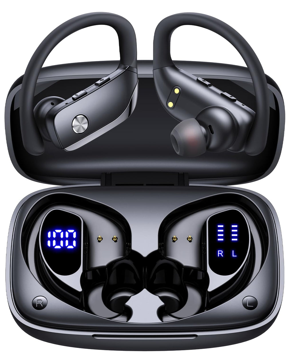 bmani Earbuds deportivos negros – Estuche con pantalla y hasta 80 h