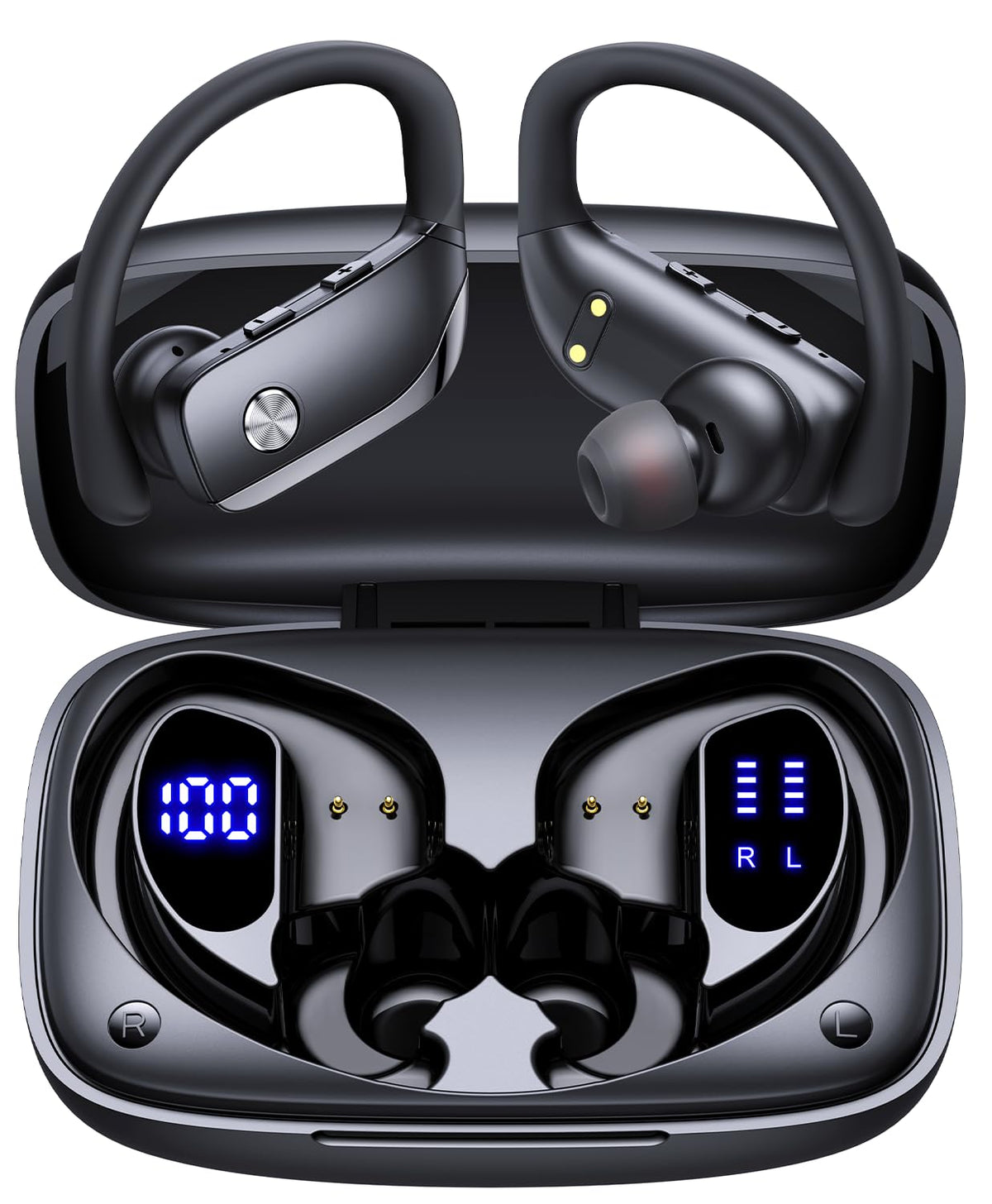 bmani Earbuds deportivos negros – Estuche con pantalla y hasta 80 h