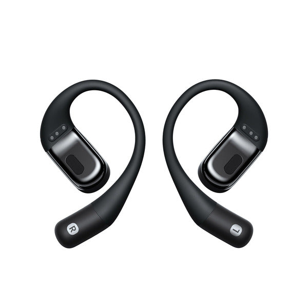 Vista interior de los SHOKZ OpenFit SE T910: ganchos de sujeción y contactos de carga de ambos audífonos.