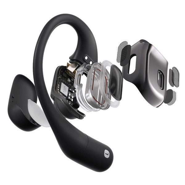 Ilustración técnica en vista despiece de un audífono SHOKZ OpenFit SE T910 y sus componentes internos.